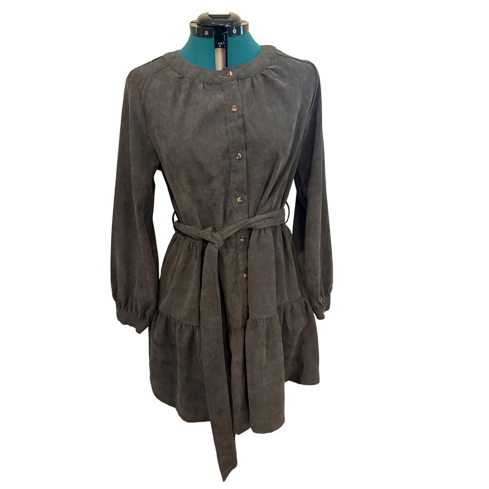 Simply Southern Women L Ruffle Corduroy Dress Gray Button Front Belted Tiered